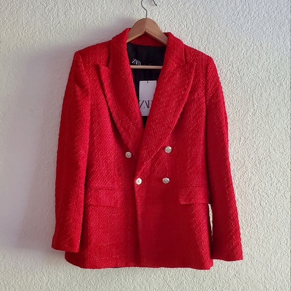 ZARA RED TEXTURED TWEED DOUBLE-BREASTED BLAZER size XS Kate Middleton - Picture 16 of 16